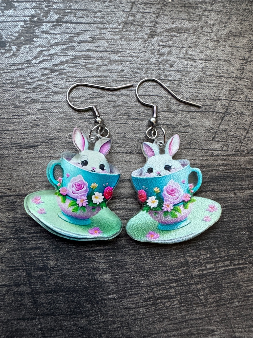 Cute Bunny in Teacup Dangle Earrings - Mint & Pink
